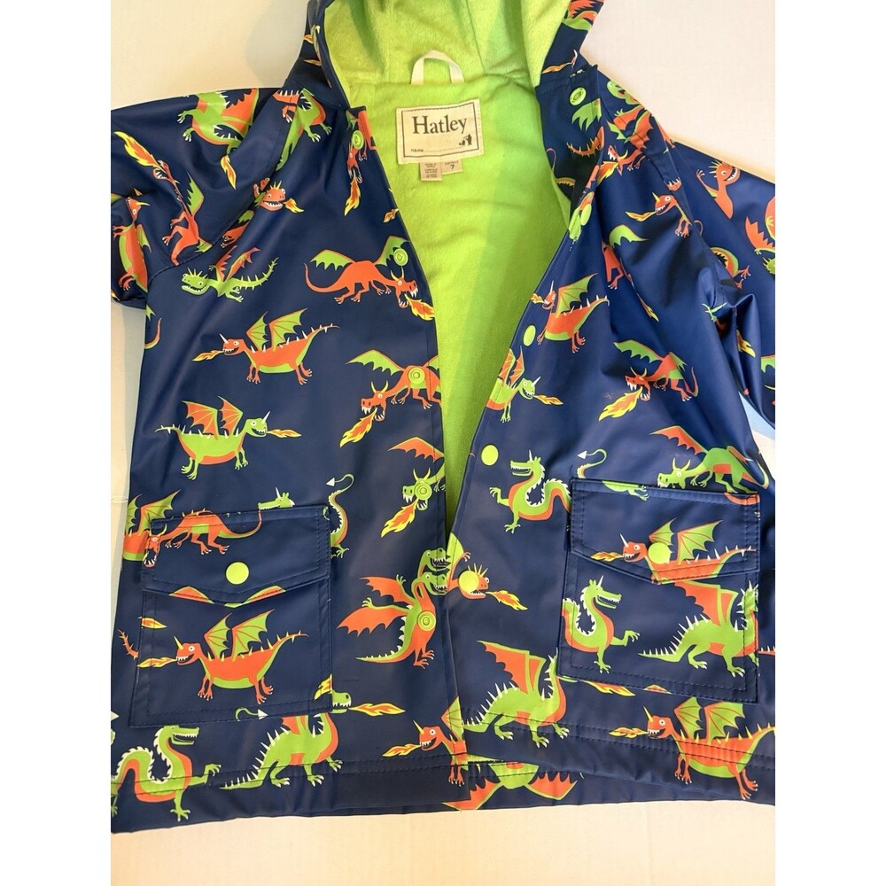 Hatley Boys Rain Jacket Blue Dragons Green Cloth Lined Hood Snap Close Size 7 - Picture 5 of 7